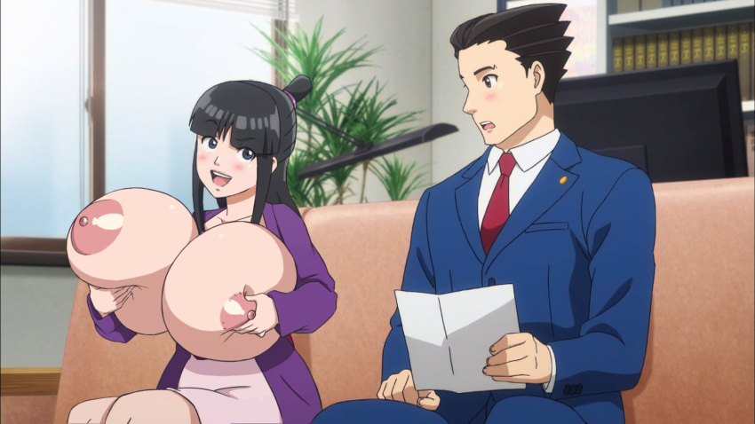 1boy 1girls big_breasts black_hair breast_expansion capcom edit female female_only groping_breasts groping_self gyakuten_saiban holding_breast huge_breasts maya_fey naruhodou_ryuuichi screenshot_edit