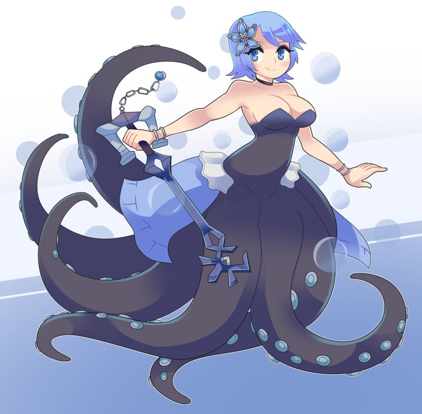 2022 aqua_(kingdom_hearts) blue_eyes blue_hair bracelets bubbles choker cleavage hair_accessory hair_ornament keyblade kingdom_hearts medium_breasts octopus octopus_girl onigiri_punch safe_for_work scylla sfw short_blue_hair short_hair square_enix tentacle tentacles