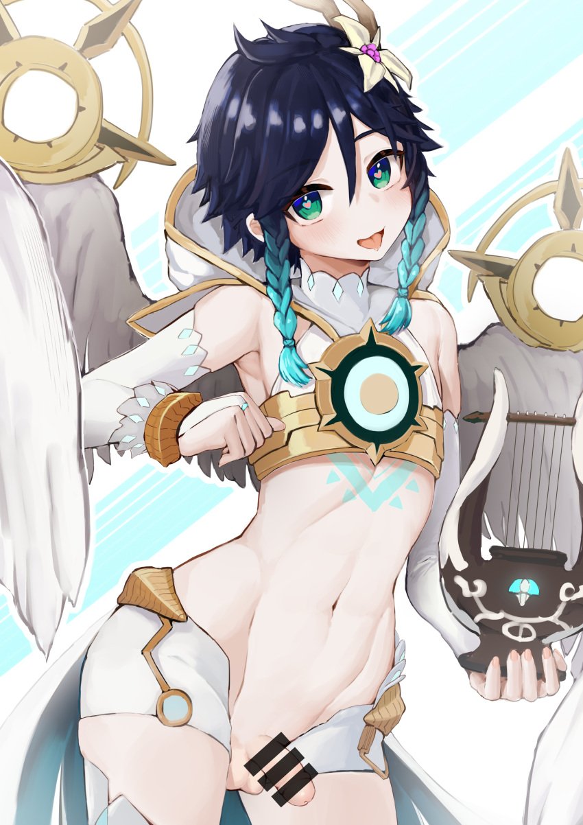 1boy absurdres aqua_hair bar_censor bare_shoulders blush braid bridal_gauntlets censored commentary_request dark_blue_hair detached_sleeves dodo_(yatotoyatoto) femboy flower genshin_impact girly green_eyes hair_flower hair_ornament head_tilt heart heart-shaped_pupils heavy_breathing highres holding holding_instrument instrument looking_at_viewer male male_focus male_only multicolored_hair navel otoko_no_ko penis penis_outside revealing_clothes short_shorts shorts smile solo symbol-shaped_pupils testicles tongue tongue_out trap twin_braids venti_(genshin_impact) white_wings wings