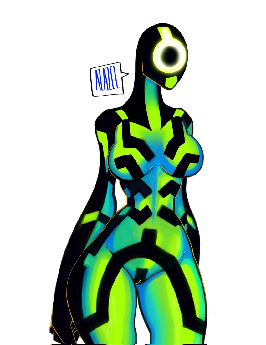 1_eye 1girls alien alien_girl ben_10 black_body boobs breasts curvaceous curvy curvy_body curvy_female curvy_figure female female_only galvanic_mechamorph green_body medium_breasts monster_girl no_nipples non-mammal_breasts pussy solo solo_female thick_thighs tits two_tone_body upgrade upgrade_(ben_10) vagina white_background