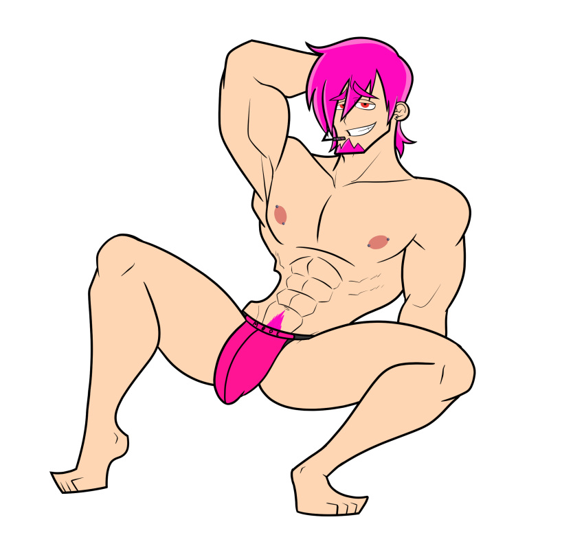 1boy abs armpits bara bulge ear facial_hair gauged_ear gay goatee jockstrap keikono_marisukaru looking_at_viewer male male_focus male_only muscular muscular_male nipple_piercing nipples pecs pierced_nipples pink_hair pubes pubic_hair purple_hair red_eyes smiling_at_viewer stretching utau utauloid vispaking yaoi