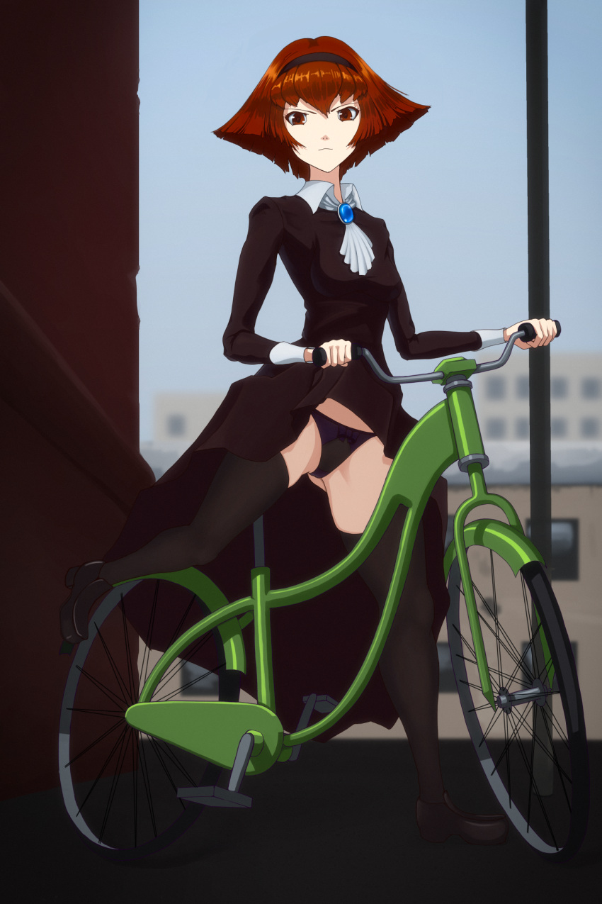 1girls accessory android background bicycle black_clothing black_dress black_legwear black_panties black_thighhighs breasts captain_katawa city city_background dress female headband looking_at_viewer medium_breasts panties r._dorothy_wayneright red_eyes red_hair robot serious shoes short_hair skirt skirt_lift solo standing standing_on_one_leg street the_big_o thighhighs wheels white_skin