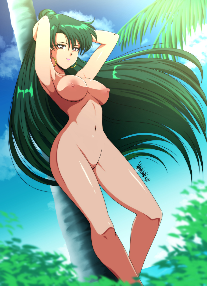 1girls beach big_breasts bishoujo_senshi_sailor_moon breasts danmakuman earrings edit female female_only green_hair large_breasts medium_breasts naked nipples nude nudity pussy setsuna_meiou solo