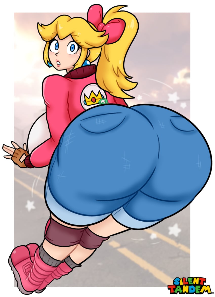 artist_logo artist_signature ass ass ass_focus big_ass big_breasts blonde_hair blue_eyes blush blush boots bow butt_focus earrings fingerless_gloves fully_clothed gloves huge_ass huge_breasts jacket jean_shorts jumping lipstick looking_at_viewer looking_back looking_back_at_viewer mario_(series) mario_kart mario_kart_world nintendo ponytail princess_peach silenttandem socks stars surprised surprised_expression yellow_hair