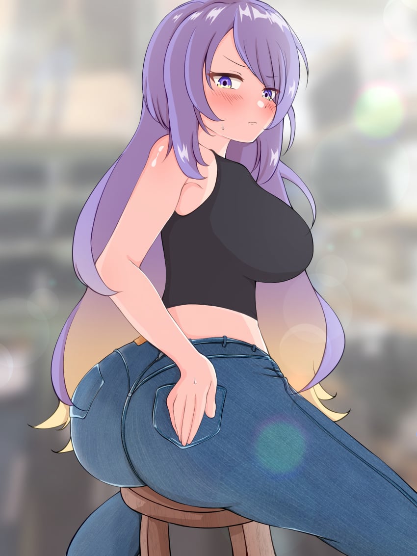 ass bare_shoulders big_ass big_breasts big_butt blush busty curvy dat_ass denim female female_only hololive hololive_indonesia hololive_indonesia_area_15 hourglass_figure huge_ass jeans long_hair looking_at_viewer looking_back midriff moona_hoshinova multicolored_hair purple_hair sitting sleeveless sleeveless_shirt solo solo_female suica_koubou tight_clothes tight_clothing tight_fit tight_pants very_long_hair virtual_youtuber voluptuous wide_hips