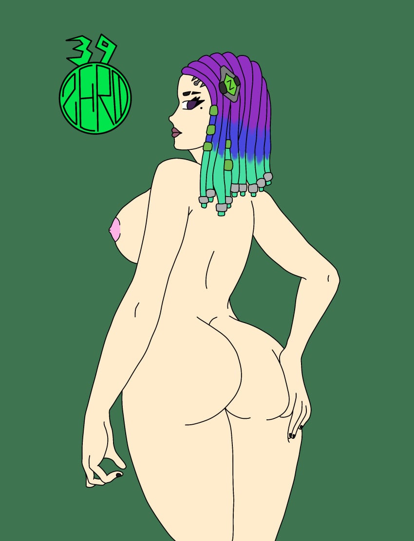 2021 artist_name ass ass_grab big_ass big_breasts blue_hair breast_grab breasts dat_ass female female_only free_fire garena green_hair hand_on_ass looking_at_viewer looking_back moco_(free_fire) multicolored_hair nipples pink_nipples purple_eyes purple_hair purple_lipstick simple_background zzerotic