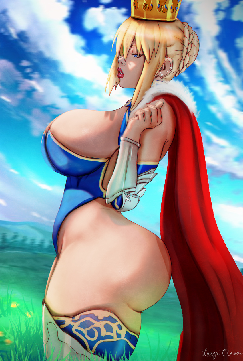 1girls artoria_pendragon artoria_pendragon_(lancer) big_ass big_breasts big_thighs bimbo blonde_hair blue_eyes busty cape curvaceous curvy curvy_figure dat_ass fat_thighs fate/grand_order fate_(series) female female_only hourglass_figure huge_ass huge_breasts huge_butt huge_thighs large_breasts large_butt large_thighs lasgaclaven lipstick massive_thighs pawg skimpy_armor small_waist solo thick_thighs thunder_thighs