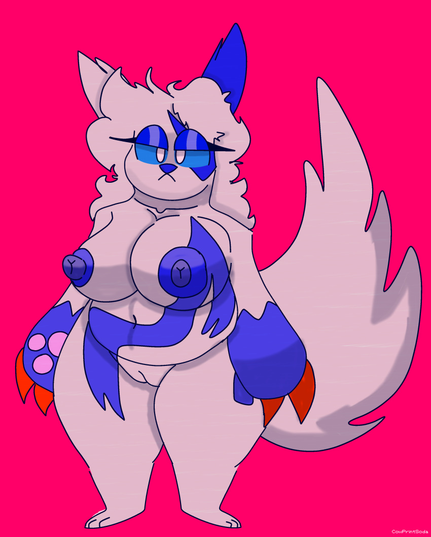 :< absurd_res alternate_color anthro areola big_breasts blue_areola blue_eyeshadow blue_nipples breasts chubby_female claws cowprintsoda eyeshadow facial_markings fan_character female fur furry furry_only genitals gloves_(marking) head_markings hi_res makeup mammal markings navel nintendo nipples pokémon_(species) pokemon pokemon_(species) pussy shiny_pokemon shortstack solo standing tail video_games white_body zangoose