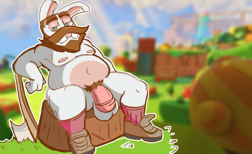 anthro arm_support axe balls beard buckteeth clothed clothing coccui eyebrows facial_hair flaccid floppy_ears footwear genitals grass half-closed_eyes hi_res lagomorph leaning leaning_backward leaning_on_elbow leaning_on_object long_ears looking_at_viewer lop_ears male mammal mario_plus_rabbids_sparks_of_hope mostly_nude mostly_nude_anthro mostly_nude_male moustache multicolored_body narrowed_eyes navel nintendo nintendo_switch nipples overweight overweight_anthro overweight_male partially_clothed penis plant pubes rabbid raving_rabbids rayman_(series) saggy_balls screencap screencap_background shoes sitting sitting_on_stump socks solo spread_legs spreading sweetlopek teeth thick_eyebrows tree tree_stump two_tone_body ubisoft vein veiny_penis white_body
