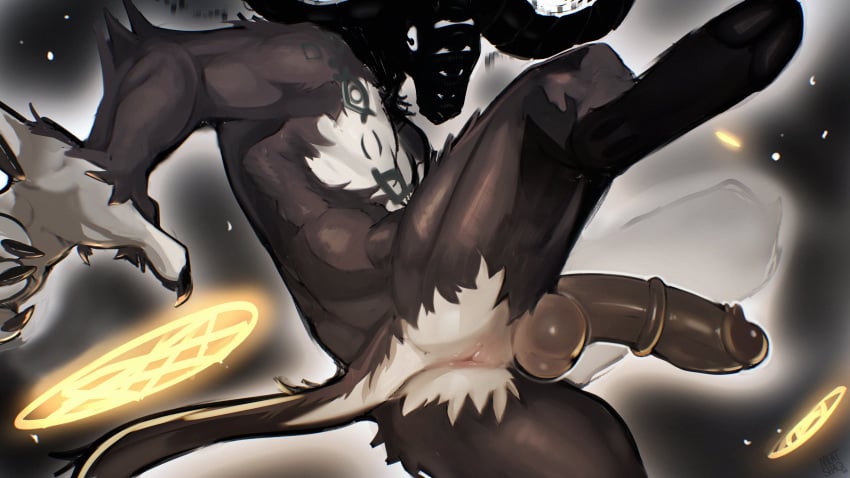 absurd_res anthro balls bovid caprine claws digital_drawing_(artwork) digital_media_(artwork) erection fur genitals glans goat hi_res horn humanoid_genitalia humanoid_penis libra_creature_of_night male mammal meatshaq medial_ring penis solo tail