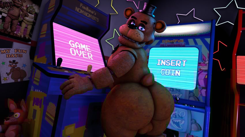 3d_(artwork) absurd_res animatronic anthro arcade_machine ass balls bear big_butt blue_eyes bow_tie brown_body clothing digital_media_(artwork) drawing_(object) electronics five_nights_at_freddy's freddy_(fnaf) genitals glowing glowing_eyes hat headgear headwear hi_res looking_at_viewer looking_back machine male mammal monitor neon_lights nsg_editor nude open_mouth plushie poster_(object) robot scottgames solo source_filmmaker_(artwork) tail teeth text top_hat wide_hips widescreen