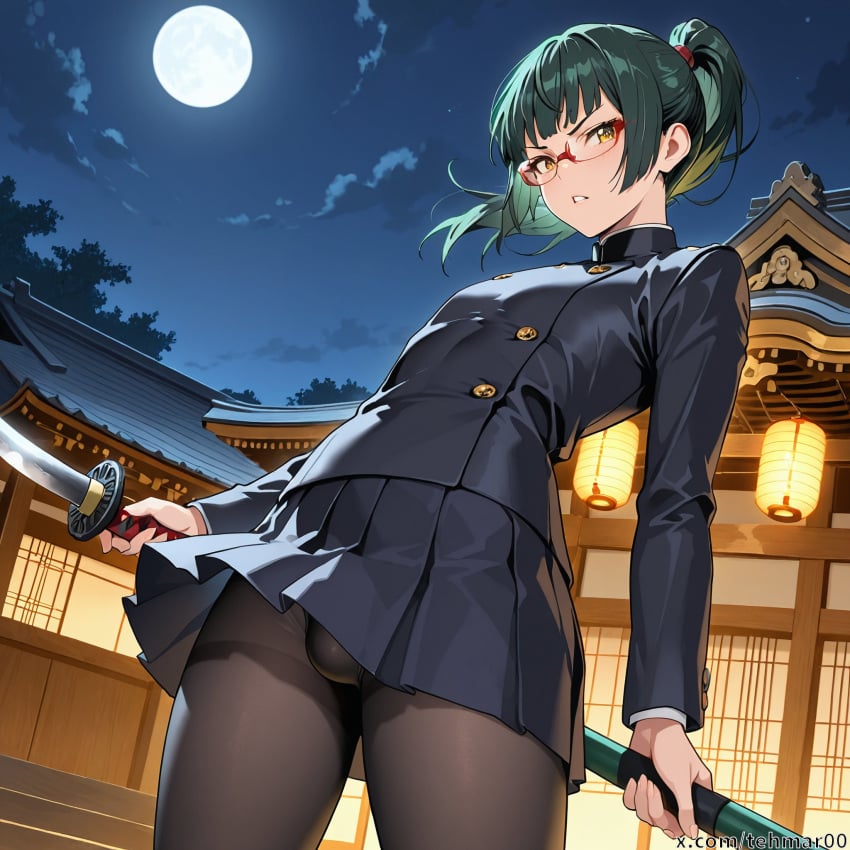 1boy ai_generated bulge femboy genderswap_(ftm) glasses green_hair holding_weapon jacket jujutsu_kaisen male moon naginata night ponytail rule_63 school_uniform solo stockings tagme tehmar temple trap zenin_maki