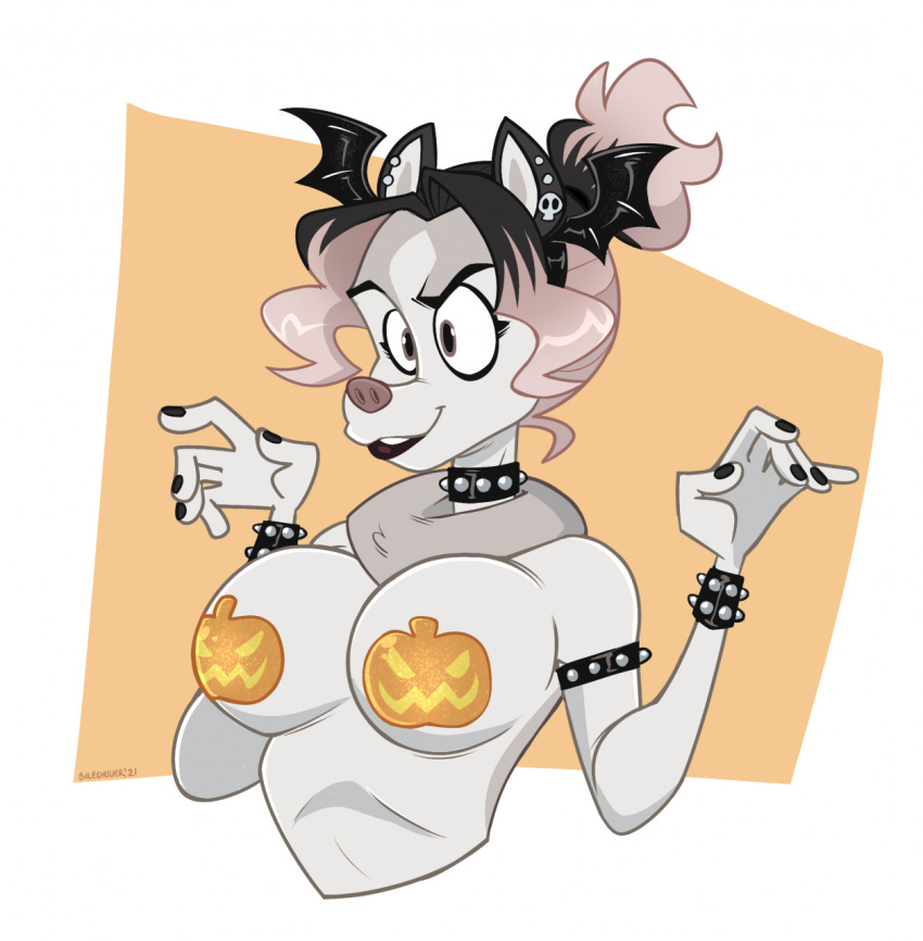 accessory anthro breasts cadaverrdog canid canine canis collar domestic_dog ear_piercing ear_ring female food fruit halloween halloween_costume headband hi_res holidays mammal nyx_(cadaverrdog) pasties piercing plant pumpkin simple_background solo studded_bracelet studded_collar