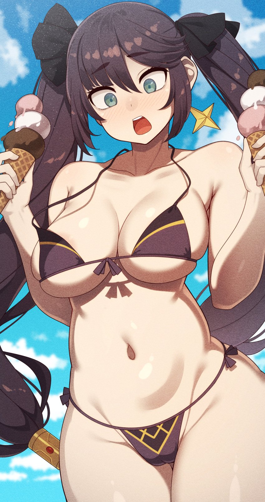 bikini black_bikini black_bow black_hair blue_sky blush bow breasts cloud collarbone commentary_request day female food genshin_impact hairbow hands_up hat highres holding holding_food holding_ice_cream holding_ice_cream_cone ice_cream ice_cream_cone long_hair mona_(genshin_impact) multiple_scoops open_mouth outdoors samegami shadow side-tie_bikini_bottom sky solo standing swimsuit thighs tongue twintails underboob