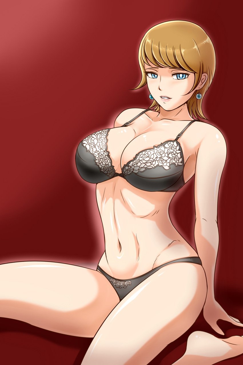 009-1 00s 1girls arms_behind_back blonde_hair blue_eyes bra brown_hair clothing curvaceous earrings feet high_resolution jewelry light-skinned_female light_smile lingerie looking_at_viewer mature mylene_hoffman panties red_background short_hair simple_background solo wide_hips