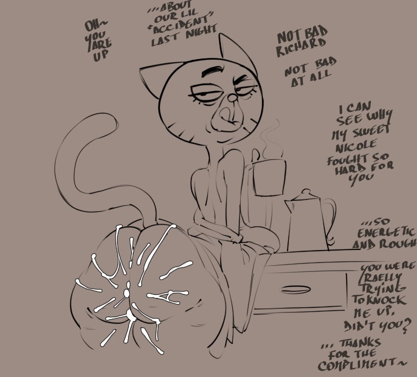 2025 after_sex after_vaginal anthro asking asking_viewer ass bedroom_eyes big_breasts big_butt biped black_text bodily_fluids breasts cartoon_network cellulite closed_smile clothed clothing clothing_down container counter cum cum_on_butt cum_on_leg cup dialogue digital_drawing_(artwork) digital_media_(artwork) domestic_cat elderly elderly_anthro elderly_female ellipsis english_text exposed_back eyebrows eyelashes felid feline felis female fingers genital_fluids greyscale half-closed_eyes head_turned holding_container holding_cup holding_object kettle leaning leaning_forward legs_together licking licking_lips licking_own_lips looking_at_viewer looking_back looking_back_at_viewer mammal markings mary_senicourt mature_anthro mature_female monochrome mouth_closed name_drop name_in_dialogue narrowed_eyes partially_clothed partially_clothed_anthro partially_clothed_female pointy_ears pokachu_(artist) prick_ears question raised_eyebrow robe robe_down sagging_breasts seductive smile smiling_at_viewer snout solo standing steam tag_question tail talking_to_viewer text thanking the_amazing_world_of_gumball thick_thighs three-quarter_view tongue tongue_out whisker_markings