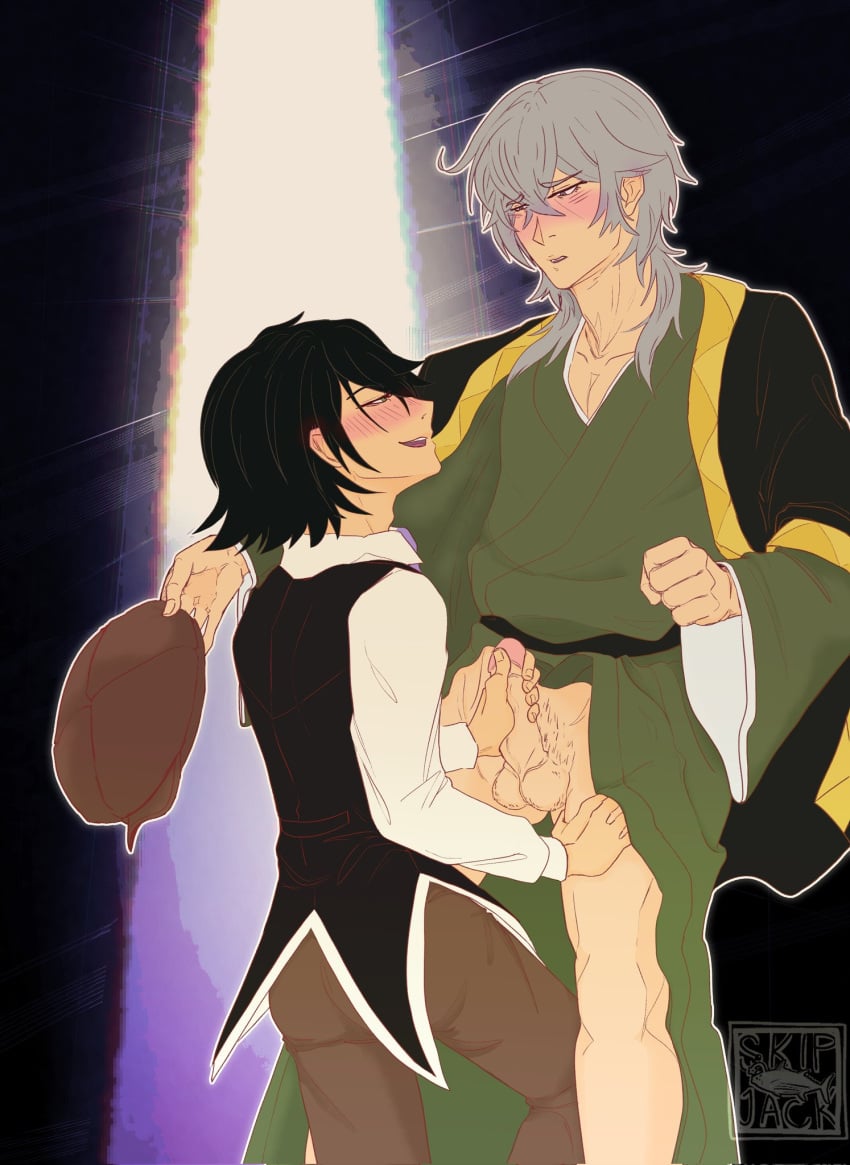 2boys artist_logo balls black_hair blush brown_hat brown_pants bungo_stray_dogs clenched_hand erection fukuzawa_yukichi_(bungo_stray_dogs) gay green_kimono grey_hair hair_between_eyes half-closed_eyes hand_on_another's_thigh handjob haori hat holding holding_hat holding_penis japanese_clothes kimono long_sleeves looking_at_another male male/male male_focus male_only multiple_boys naughty_face older_male_and_younger_male open_mouth pants penis ranpo_edogawa shirt short_hair skip_(hackneyedpuppet) smile testicles touching_penis uncensored unworn_hat unworn_headwear vest watermark white_shirt yaoi