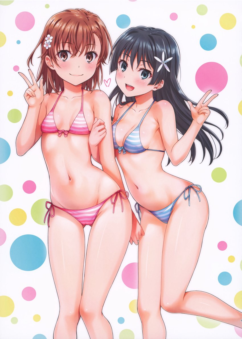 2020s 2023 2girls absurd_res bare_arms bare_hips bare_legs bare_shoulders bare_thighs belly belly_button bikini bikini_bottom bikini_only bikini_top black_hair black_hair_female blue_bikini blue_bikini_bottom blue_bikini_top blue_eyes blue_eyes_female blue_string_bikini blue_swimsuit blue_swimwear blush breasts brown_eyebrows brown_eyes brown_hair calves cleavage cleft_of_venus closed_mouth_smile collarbone dot_nose elbows female female_only fingernails fingers flower flower_hair_ornament flower_on_head front-tie_bikini front-tie_bikini_top full_body grin groin hair_between_eyes hair_ornament hair_ornaments happy heart hi_res isshi_pyuma knees knees_together knees_together_feet_apart lean_figure legs legs_closed legs_together legs_together_feet_apart light-skined_female light-skinned light-skinned_female light_skin light_skin_female light_skinned light_skinned_female lips long_hair looking_at_viewer medium_breasts misaka_mikoto multiple_females multiple_girls narrow_waist navel open_mouth open_mouth_smile parted_bangs parted_lips peace_sign petite pink_bikini pink_bikini_bottom pink_bikini_top pink_string_bikini pink_swimsuit pink_swimwear polka_dot_background saten_ruiko scan side-tie_bikini sideboob sign simple_background skinny_female slim_girl small_breasts smile smiling_at_viewer smooth_skin standing string_bikini striped_bikini striped_bikini_bottom striped_bikini_top striped_string_bikini striped_swimsuit striped_swimwear swimsuit swimwear teen teen_girl teenage_girl teenage_girls teenage_tits teenager teenagers thick_thighs thigh_gap thighs thin_waist to_aru_kagaku_no_railgun to_aru_majutsu_no_index tongue upper_teeth v v-line v_sign white_background white_bikini white_bikini_bottom white_bikini_top white_string_bikini white_swimsuit white_swimwear wide_hips young young_female