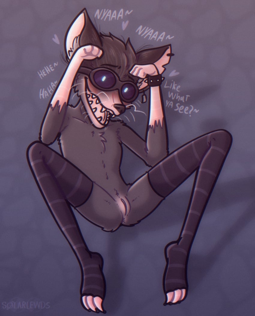 anthro anus ass bat biped blue_eyes blush bracelet claws clothing digital_media_(artwork) ear_piercing ear_tag english_text eyewear female female_anthro fur genitals goggles hair hi_res jewelry leggings legwear looking_at_viewer lootbat_(my_dad_the_bounty_hunter) mammal multicolored_body multicolored_fur nipples nude piercing pink_body pink_skin presenting presenting_pussy pussy smile smiling_at_viewer solarlewds solo teeth text toe_claws whiskers