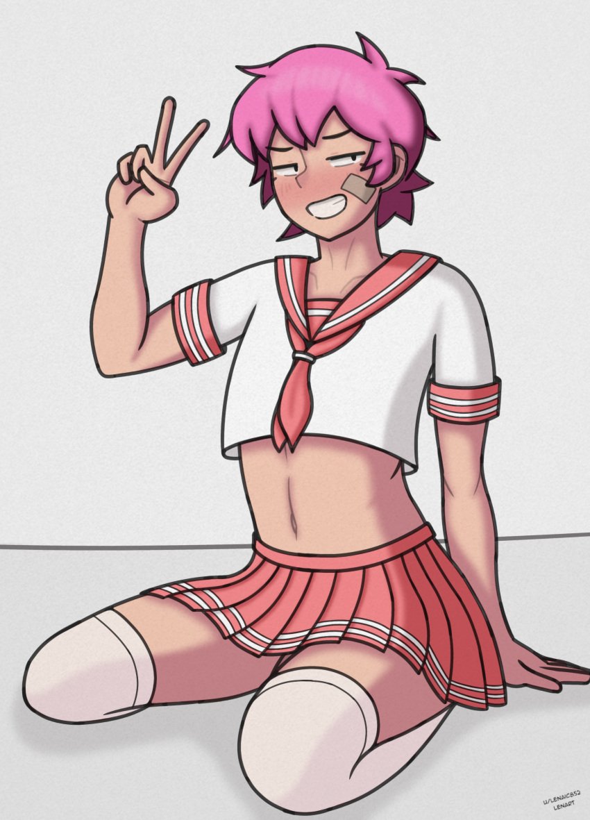 1boy 2d 2d_(artwork) astolfo_(fate)_(cosplay) band-aid belly_button blush borrowed_character color crossdressing dross femboy lenart male on_knees original pink_clothing pink_hair pink_skirt sailor_uniform simple_background smiling solo stockings taylor_(dross) twink v_sign white_stockings