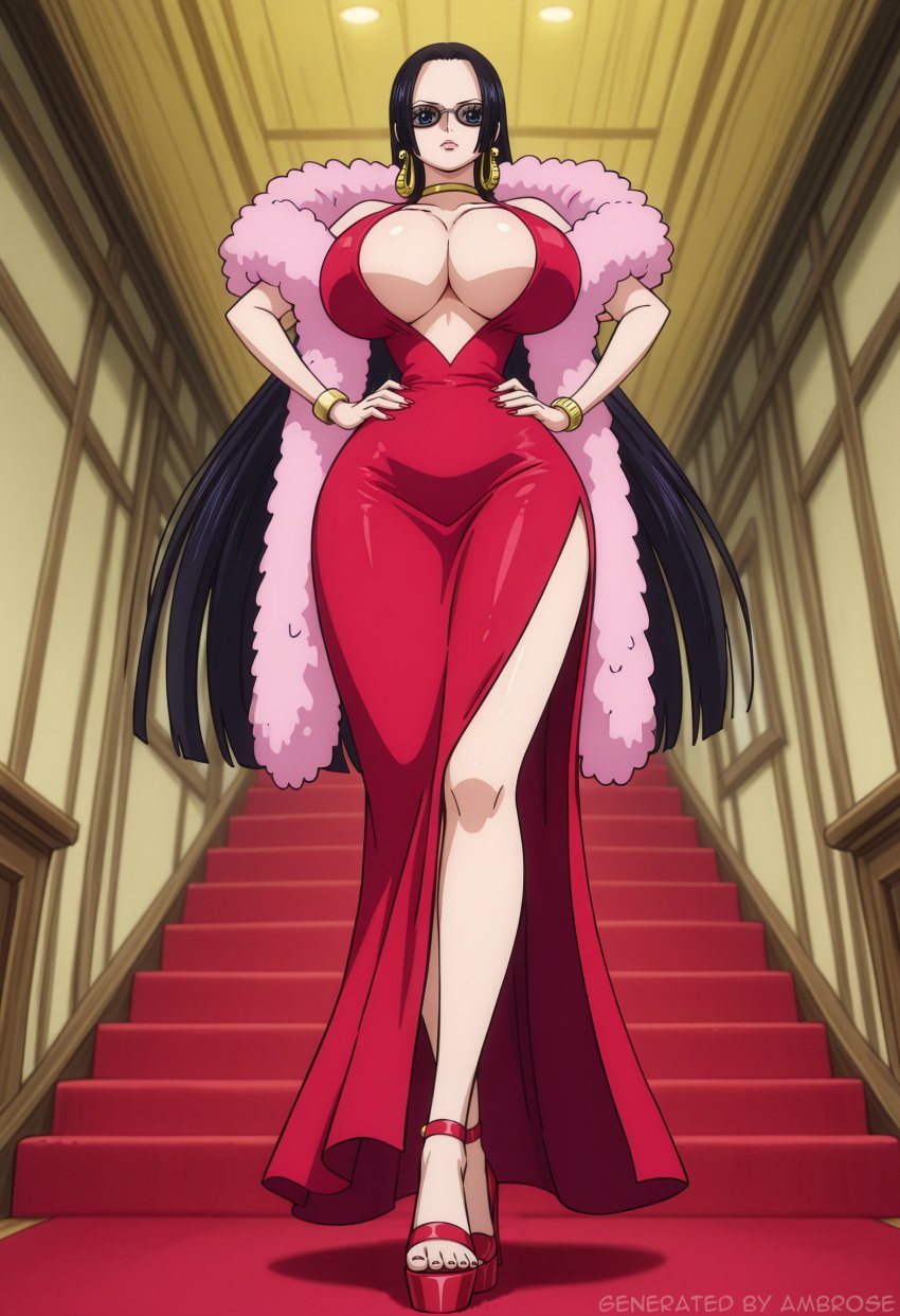 1girls ai_generated ambrose big_breasts black_hair blue_eyes boa_hancock bracelets choker cleavage dress earrings feather_boa gold_jewelry hands_on_hips hourglass_figure indoors one_piece platform_heels red_carpet self_upload slit_dress stable_diffusion sunglasses thick_thighs very_long_hair walking wide_hips