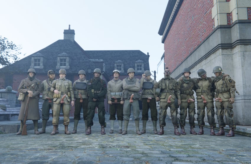 army erection exhibitionism gay gay_male group hard_on medal_of_honor_airborne military outdoors soldier soldiers standing_at_attention tommys_eagle_hq uniform ww2