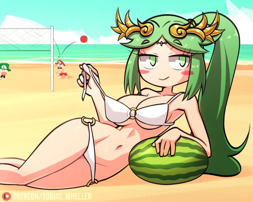 1girls 2boys beach bikini bikini_pull cleavage company_connection crossover day fruit goddess kid_icarus luigi mario mario_(series) melon nintendo palutena teasing tobias_wheller untying watermelon