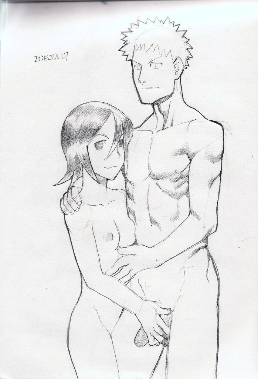 1boy 1girls black_hair bleach fit hand_on_penis height_difference ichigo_kurosaki kuchiki_rukia looking_at_viewer magi monochrome nude petite short_hair sketch small_breasts taller_male white_background