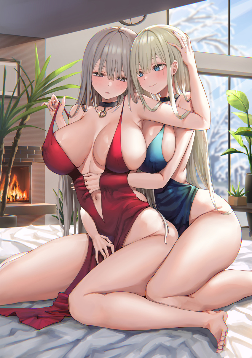 2girls arm_up armpits bare_arms bare_shoulders barefoot black_choker blonde_hair blue_dress blue_eyes breasts breasts_apart choker cocktail_dress dress feet female grey_eyes grey_hair highres hug hug_from_behind huge_breasts impossible_clothes impossible_dress looking_at_another looking_down multiple_girls navel no_bra no_panties original parted_lips pelvic_curtain piripun plunging_neckline red_dress sleeveless sleeveless_dress smile thighs toes yuri