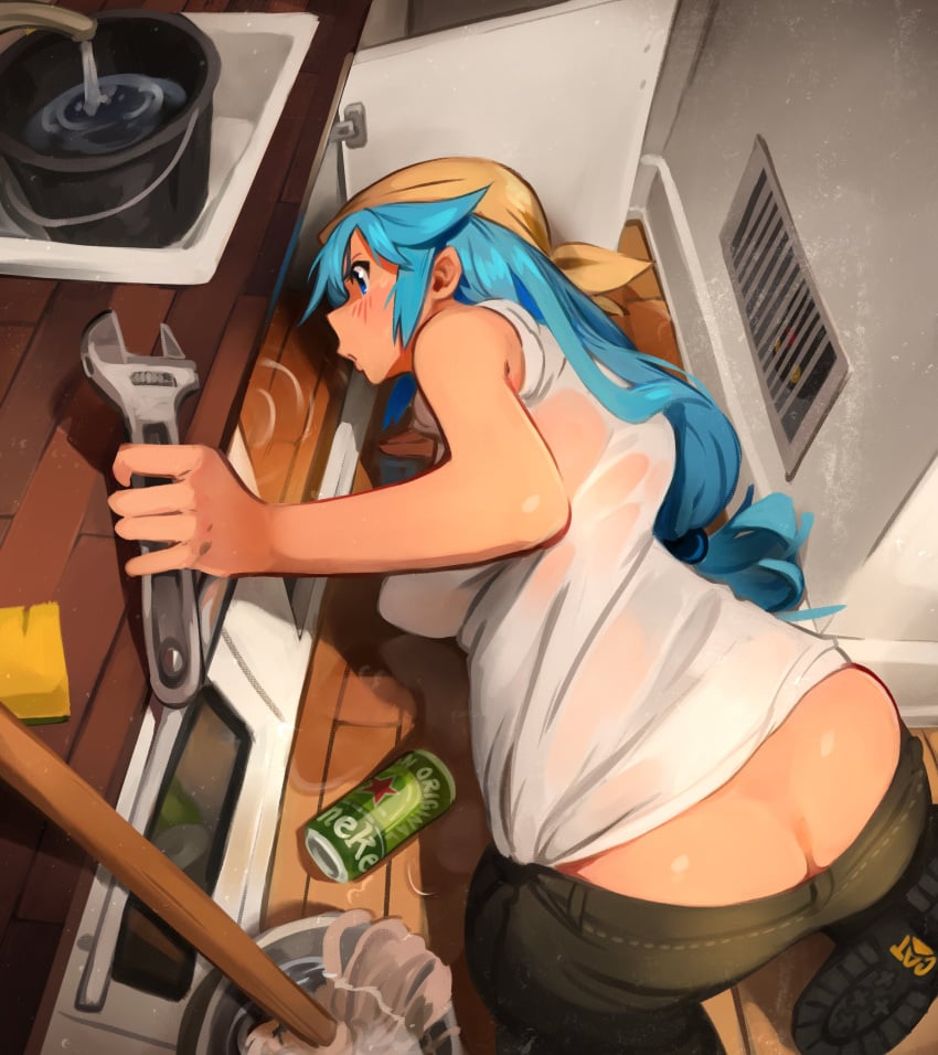 1girls aqua_(konosuba) ass ass_cleavage bandana big_ass big_butt blue_eyes blue_hair butt_crack female fully_clothed heineken khyleri kono_subarashii_sekai_ni_shukufuku_wo! long_hair pants plumber plumber's_crack solo sweat wet_clothes