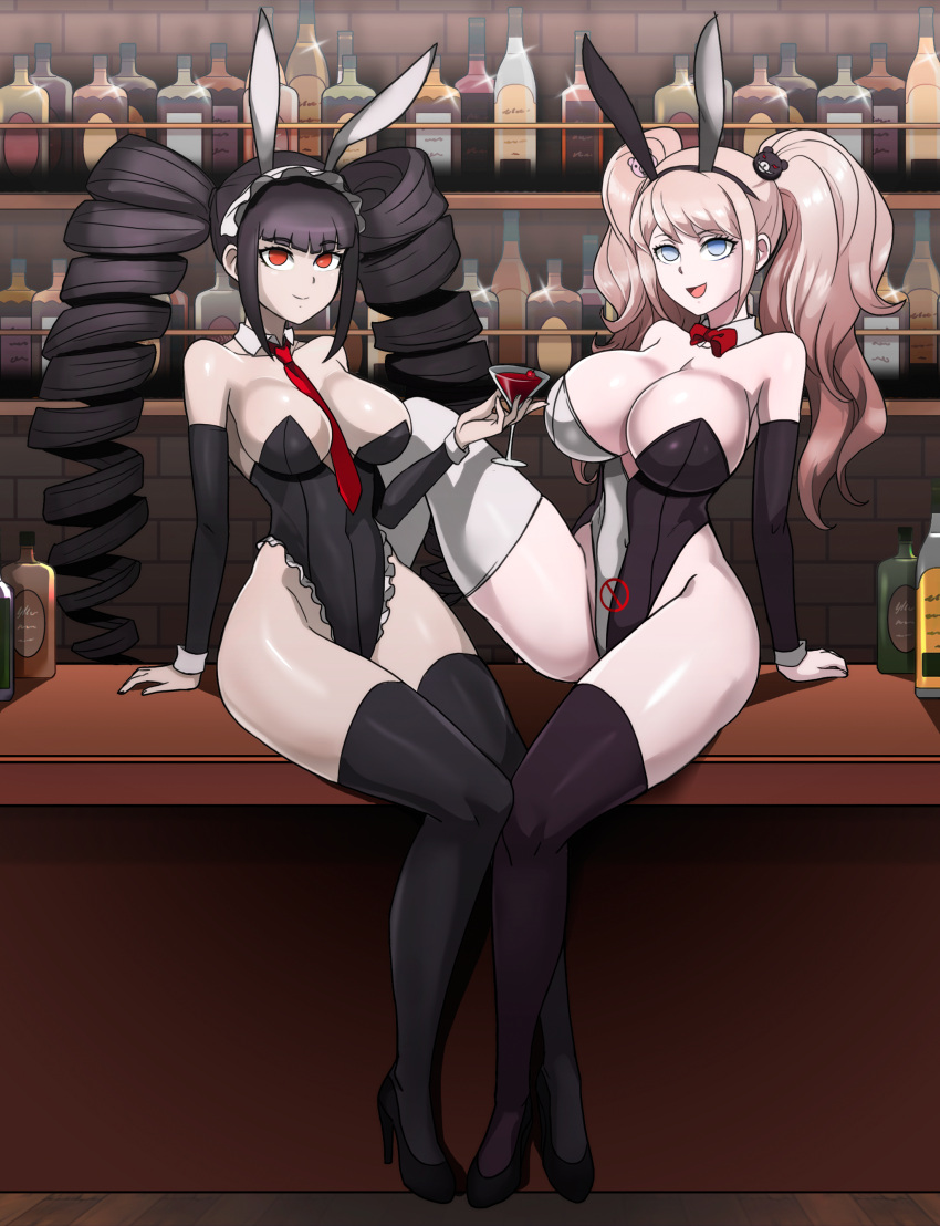 2girls big_breasts breasts bunnysuit celestia_ludenberg cleavage danganronpa danganronpa:_trigger_happy_havoc danganronpa_1 empty_eyes junko_enoshima leg_up long_hair mind_control shinzu031 thighhighs twintails wine wine_glass