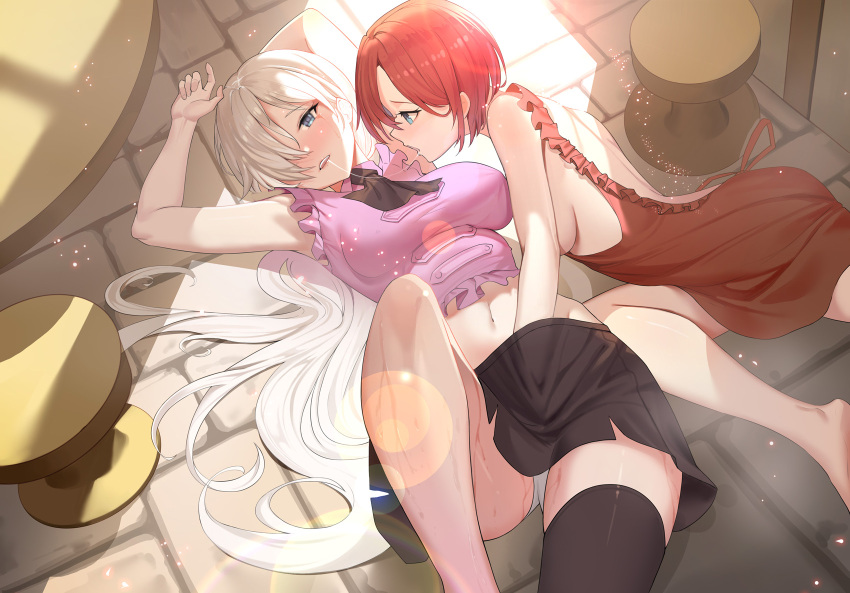 2girls arms_up ascot back_bow black_ascot black_legwear blue_eyes bow breasts crop_top dress elizabeth_liones fingering frilled_shirt_collar frills hair_over_one_eye hand_in_skirt hand_under_clothes hand_under_skirt highres knee_up large_breasts liz_(nanatsu_no_taizai) long_hair looking_at_another lying medium_breasts midriff multiple_girls nanatsu_no_taizai navel on_back on_ground open_mouth panties pencil_skirt pink_shirt red_dress red_hair saliva saliva_trail selfcest shirt short_hair sideboob siha single_thighhigh skirt sleeveless sleeveless_shirt sweat taut_clothes taut_shirt teeth thighhighs underwear upper_teeth very_long_hair waitress_uniform white_hair white_panties yuri