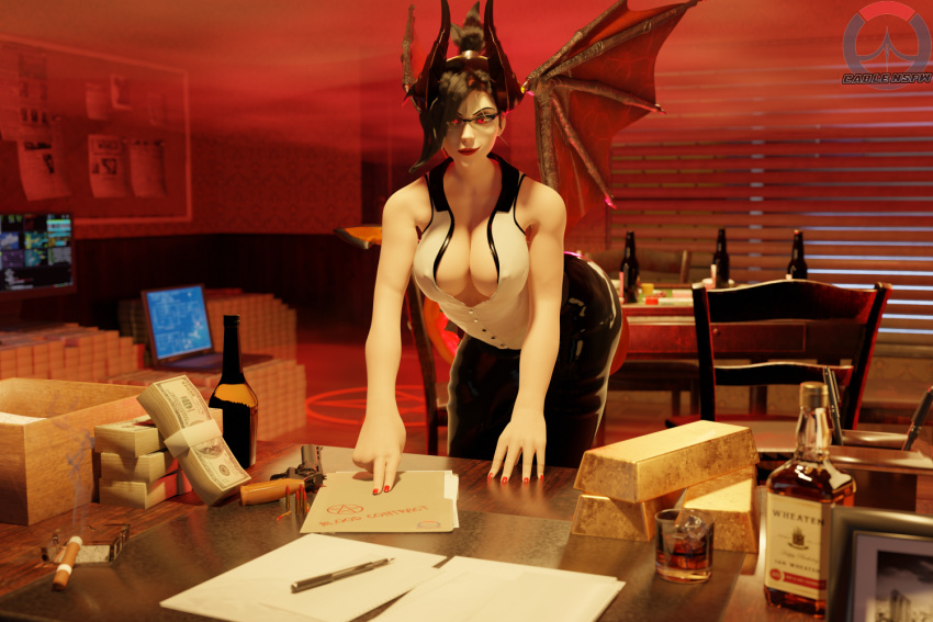 3d alternate_costume black_hair blizzard_entertainment breasts cablensfw cleavage dark_hair demon demon_girl demon_tail demon_wings demonic devil_mercy glasses gold_(metal) gold_bar horns large_breasts latex leaning_forward leaning_on_desk leaning_on_object looking_at_viewer lowres mercy money office_lady overwatch painted_nails pencil_skirt ponytail red_eyes secretary