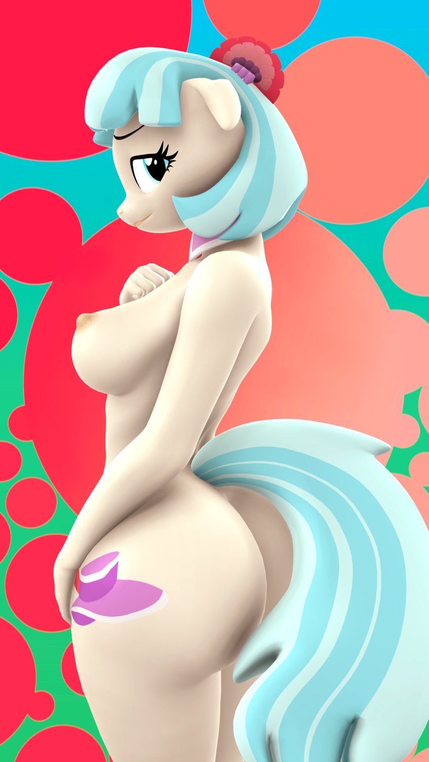 3d_(artwork) absurd_res accessory anthro anthrofied areola ass blue_eyes blue_hair breasts bubble_butt coco_pommel coco_pommel_(mlp) cutie_mark digital_media_(artwork) equid equine flower flower_in_hair friendship_is_magic hair hair_accessory hi_res horse lazy_work_horse mammal mostly_nude my_little_pony nipples plant pony shirt_collar short_hair