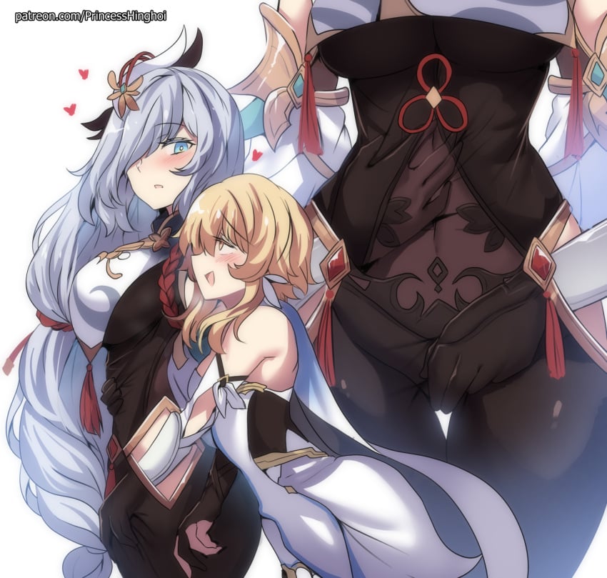 2girls bangs bare_shoulders black_gloves blonde_hair blue_eyes blush bodysuit braid braided_ponytail breasts brown_bodysuit cleavage clothing_cutout covered_navel detached_sleeves dress elbow_gloves fingering flower genshin_impact gloves hair_flower hair_ornament hair_over_one_eye heart highres hinghoi hip_vent large_breasts long_hair long_sleeves lumine_(genshin_impact) medium_hair multiple_girls multiple_views open_mouth partially_fingerless_gloves puffy_long_sleeves puffy_sleeves reach-around scarf shenhe_(genshin_impact) shoulder_cutout sidelocks silver_hair smile tabard tassel thighs very_long_hair white_dress white_scarf yellow_eyes yuri