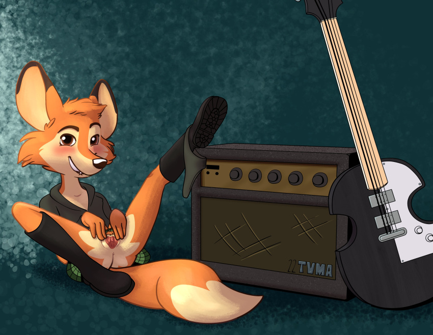 2022 absurd_res amplifier anthro bass_guitar bite biting_lip biting_own_lip blush boots bottomwear canid canine clothed clothing darma_(rock_dog) electric_guitar female footwear fox fur furry furry_only genitals guitar hi_res knee_boots knee_highs legwear looking_at_viewer mammal musical_instrument one_leg_up orange_body orange_fur panties panties_around_one_leg plucked_string_instrument presenting presenting_pussy pussy raised_leg rock_dog self_bite skirt solo spread_legs spread_pussy spreading string_instrument tail topwear tvma underwear underwear_around_one_leg upskirt