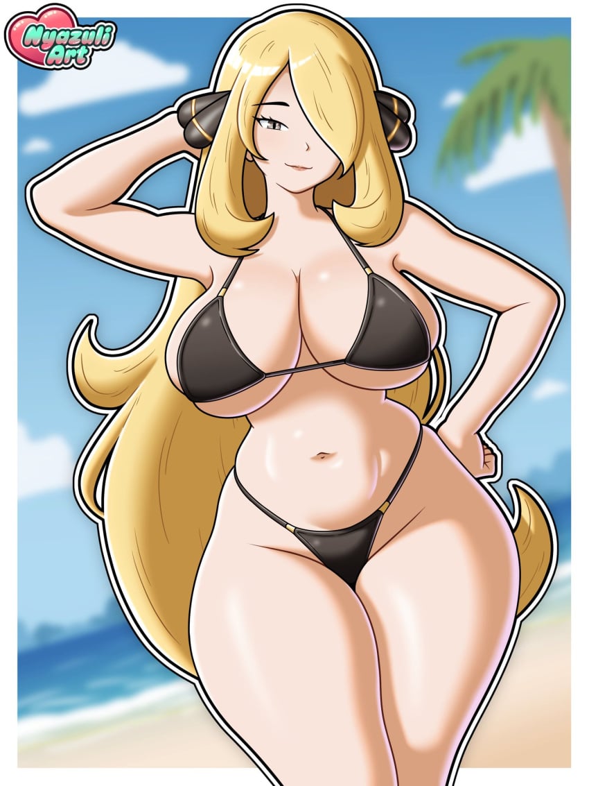 belly belly_button bikini black_bikini blonde_hair breast_squeeze cleavage cynthia_(pokemon) hips hips_wider_than_shoulders inner_sideboob large_breasts looking_at_viewer navel nyazuliart pokemon pokemon_dppt posing posing_for_the_viewer seductive_look sideboob small_bikini thick_thighs thighs thighs_bigger_than_head tight_bikini tummy underboob wide_hips