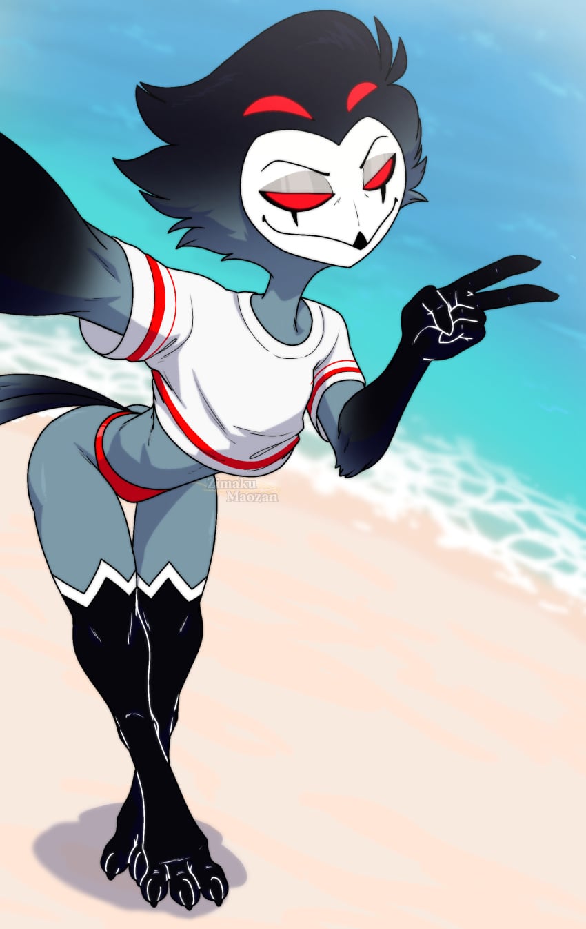 anthro avian barefoot beach bird clothing crop_top demon femboy hellaverse helluva_boss male owl owl_demon red_thong red_underwear selfie shirt solo stolas_(helluva_boss) talons thong toes underwear white_crop_top white_shirt zimaku15