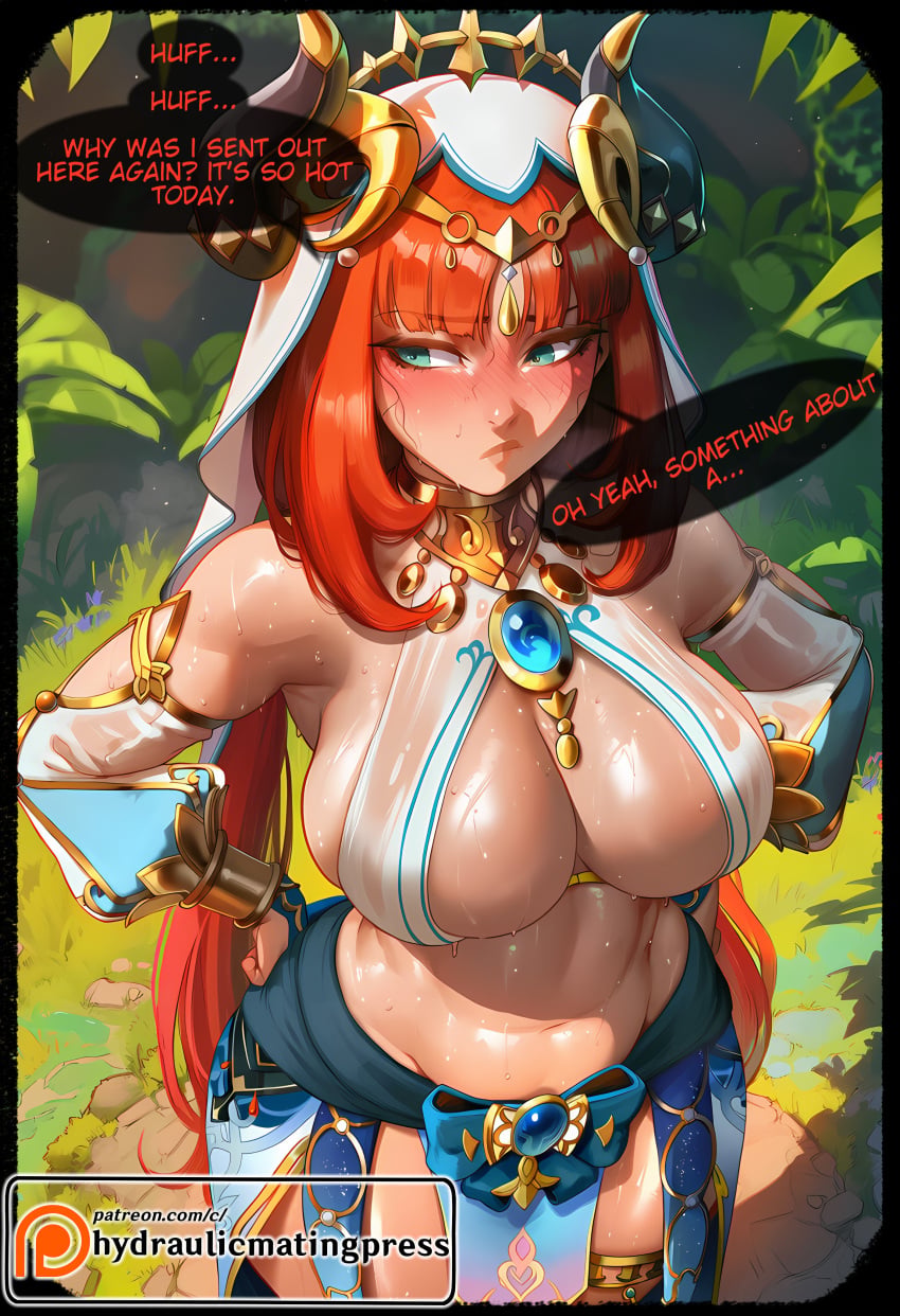 1girl 2026 2d absurd_res absurd_resolution absurdres ai_generated alternate_breast_size bare_shoulders big_ass big_breasts blush bracer breasts brooch circlet cleavage closed_mouth detached_sleeves english_text fake_horns genshin_impact green_eyes hands_on_own_hips harem_outfit hi_res high_quality high_resolution highres horns hydraulicmatingpress image jewelry large_breasts long_hair long_sleeves looking_to_the_side navel neck_ring nilou_(genshin_impact) outdoors patreon patreon_logo patreon_username red_hair skirt solo speech_bubble stomach sweat thighs twintails uncensured veil watermark web_address wet white_headwear white_veil