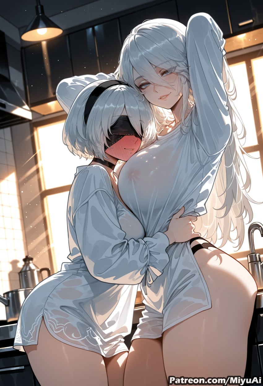 2b_(nier:automata) 2girls ai_assisted ai_generated arms_up black_blindfold blindfold blue_eyes blush breasts covered_nipples curvaceous curvy curvy_female curvy_figure female hair_between_eyes hairband highleg indoors lactation large_breasts long_hair looking_at_viewer miyuai mole mole_under_mouth multiple_girls nier nier:automata nier_(series) nipples panties see-through shirt short_hair silver_hair smile thick thick_ass thick_butt thick_hips thick_legs thick_thighs thighs underwear voluptuous voluptuous_female white_shirt wide_hips wide_thighs window yorha_2b yorha_a2 yorha_no._2_type_b yuri