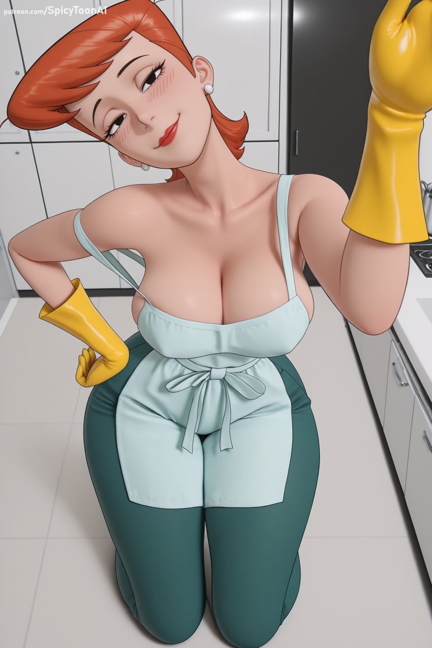 1girl ai_generated bare_shoulders breasts cleavage denim dexter's_laboratory dexters_mom earrings gloves hi_res high_quality high_resolution jewelry large_breasts looking_at_viewer pantyhose patreon seductive sexy smile solo spicytoonai strap_slip tiles uncensored watermark yellow_gloves