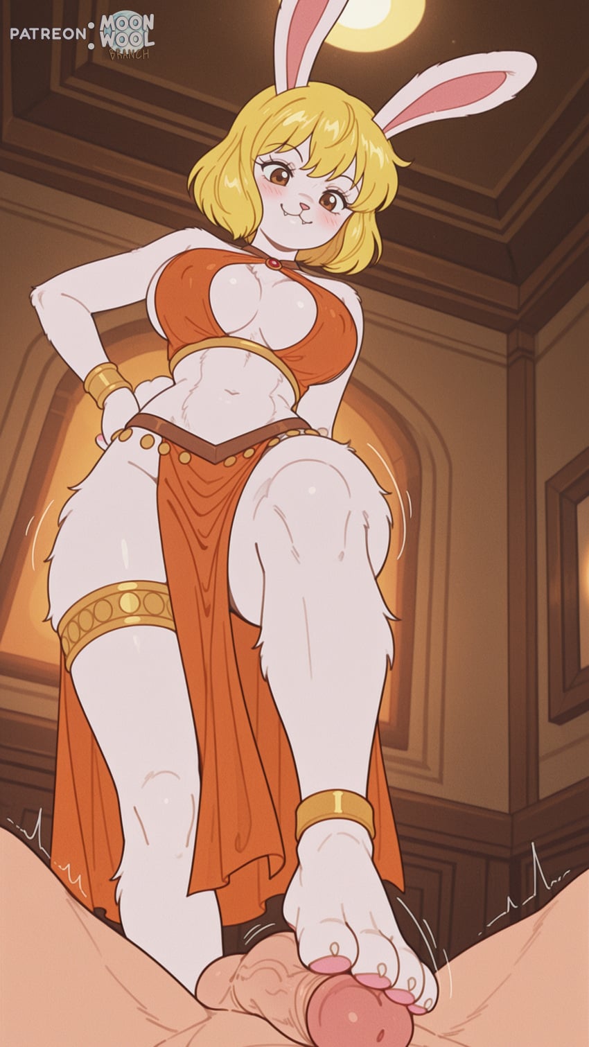 1boy 1girl ai_assisted ai_generated bare_legs bare_shoulders barefoot big_breasts blonde_hair body_fur breasts brown_eyes bunny_ears carrot_(one_piece) curvy curvy_body curvy_female dancer dancer_outfit feet female foot_fetish foot_focus footjob furry furry_female harem_outfit huge_breasts large_breasts male male_pov moonwool_branch one_piece pawpads paws pov rabbit_ears rabbit_girl rabbit_tail revealing_clothes seductive seductive_eyes seductive_look seductive_mouth seductive_pose seductive_smile short_hair standing standing_on_one_leg thick_ass thick_thighs thighs toes uncensored white_fur
