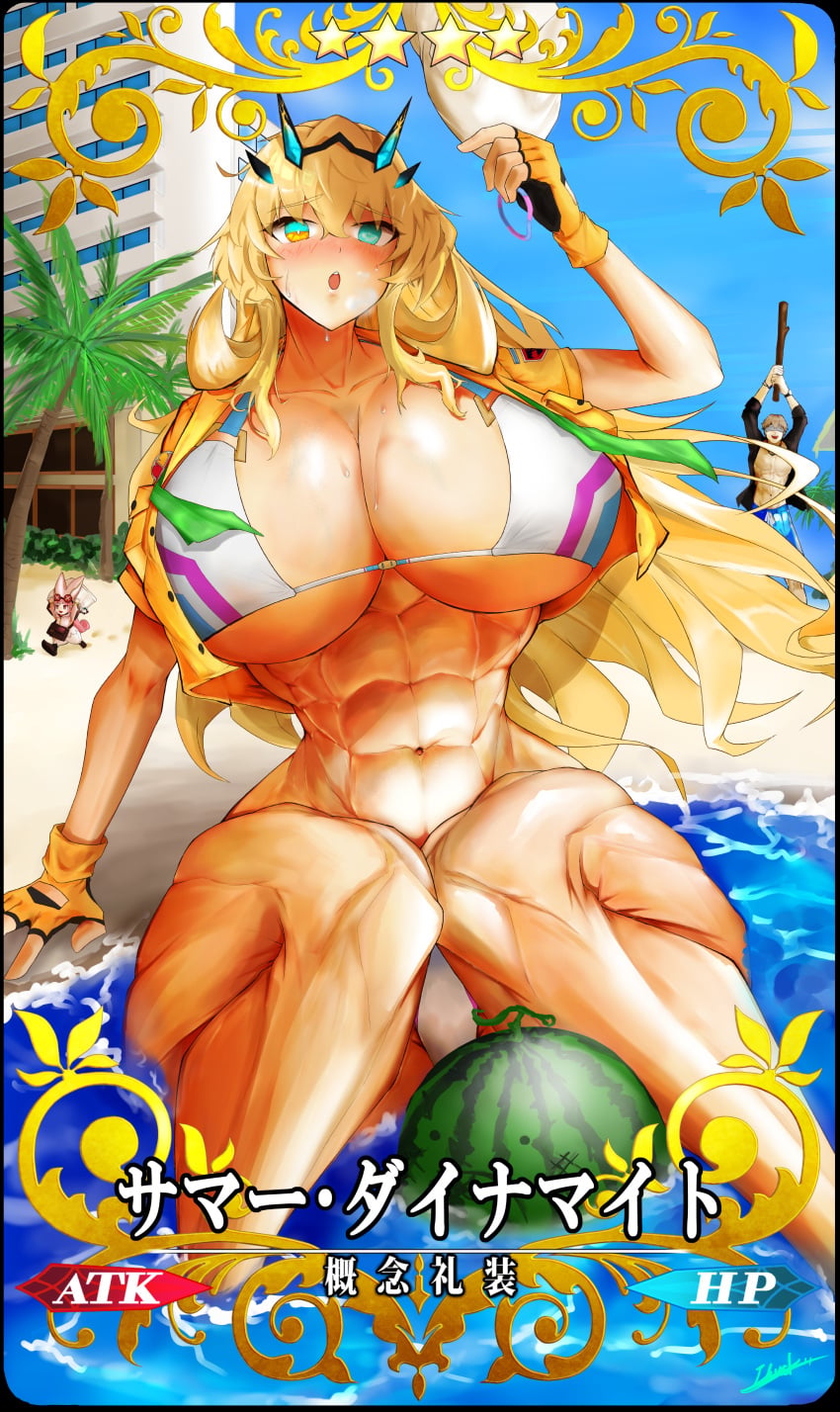 1girls abs barghest_(gawain)_(fate) beach big_breasts bikini bikini_bottom bikini_top blonde_hair blush blushing breasts breasts_bigger_than_head cleavage eyebrows eyebrows_visible_through_hair eyelashes fate/grand_order fate_(series) female female_focus female_only fingerless_gloves gloves green_eyes heterochromia huge_breasts iknsk large_breasts light-skinned_female light_skin long_hair midriff muscular muscular_female navel ocean sitting solo solo_female solo_focus toned toned_female water watermelon yellow_eyes