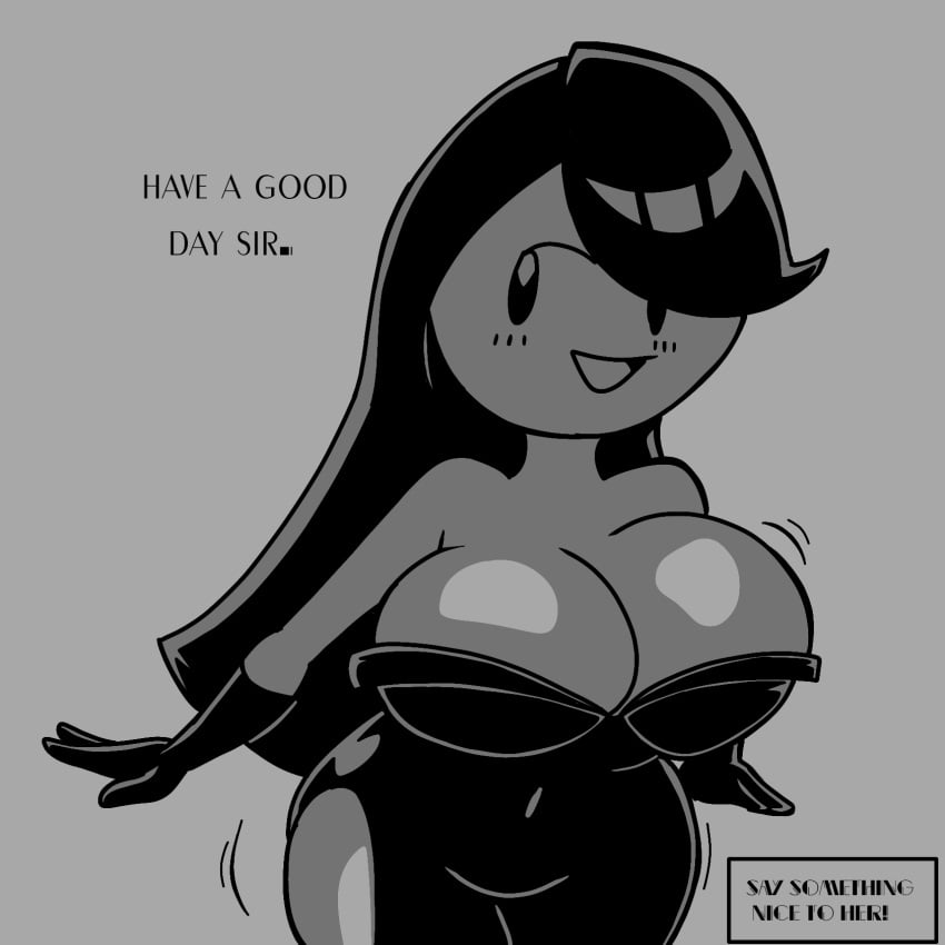 2026 2026s anonymous_artist big_breasts black_hair cream_(movailarts) gray_background greeting greeting_viewer grey_background hips huge_breasts monochrome monochrome_background smile smile_at_viewer talking talking_to_viewer text text_box unknown_artist wide_hips