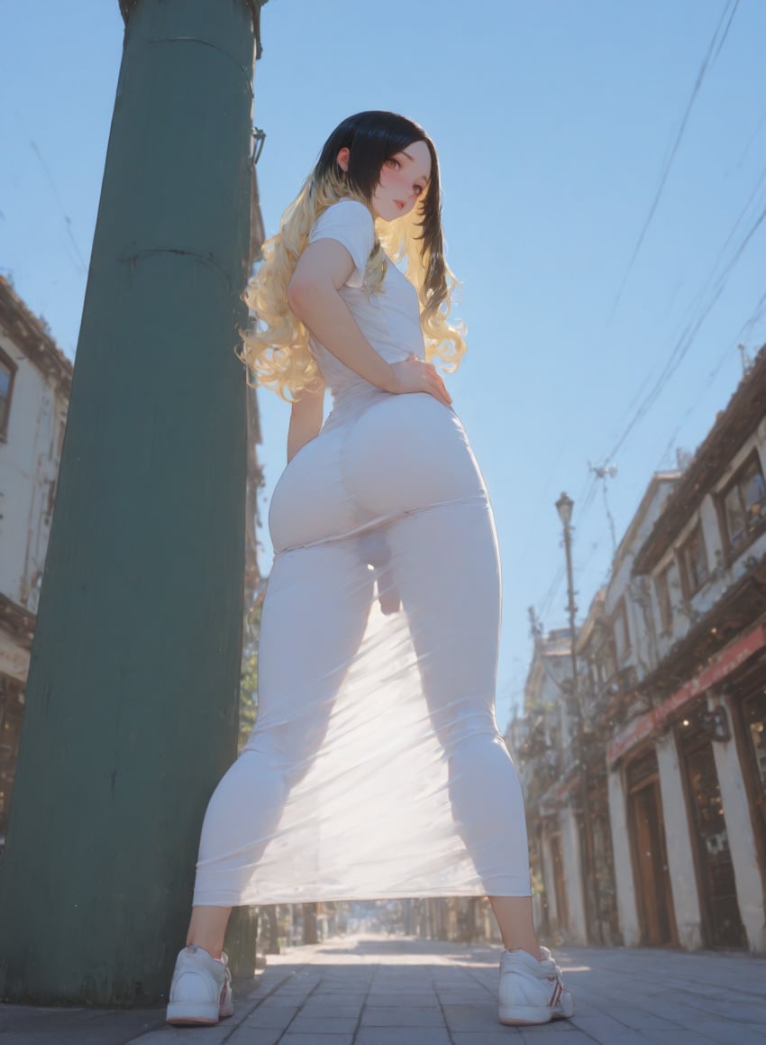 1femboy ai_generated black_hair blonde_hair blush bubble_butt clothed dress femboy feminine_male flat_chest hand_on_hip hannai highlights long_dress looking_back_at_viewer male otoko_no_ko outdoors penis penis_visible_through_clothing see-through see-through_clothing see-through_dress silhouette sneakers solo solo_femboy testicles tight_clothing tight_dress trap