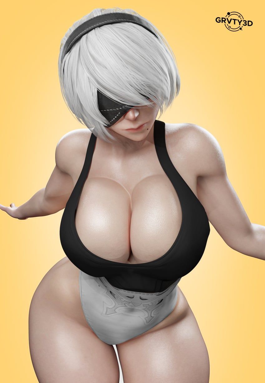 3d 3d_(artwork) android android_girl big_boobs big_breasts black_blindfold blindfold boobs breasts female female_focus female_only grvty3d large_boobs large_breasts light-skinned_female light_skin nier nier:_automata robot robot_girl robot_humanoid solo solo_female solo_focus thick_thighs thighs white_hair white_hair_female yorha_2b