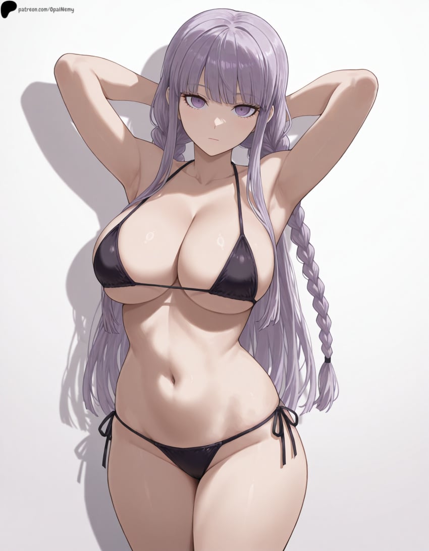 1girl 1girls ai_generated armpits bangs bikini black_bikini blunt_bangs braid breasts closed_mouth collarbone danganronpa danganronpa:_trigger_happy_havoc hi_res high_quality high_resolution highres kirigiri_kyouko large_breasts light long_hair looking_at_viewer midriff navel nose opal_nemy patreon_logo patreon_url patreon_username plain_background purple_eyes purple_hair self_upload serious shadow shiny shiny_clothes shiny_hair shiny_skin side-tie_bikini_bottom simple_background solo string_bikini swimsuit thighs watermark white_background