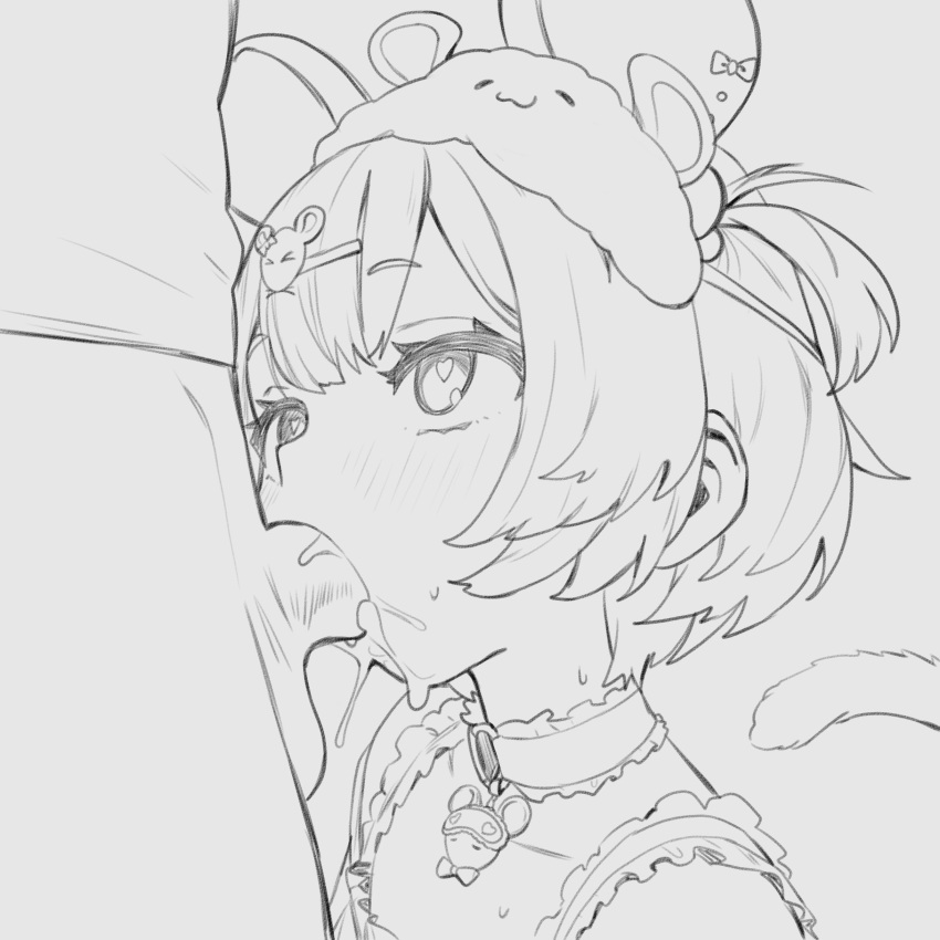 1boy 1girl absurdres animal_ears cum cum_in_mouth cum_on_body cum_overflow deepthroat facial fellatio greyscale hair_ornament hairclip heart heart-shaped_pupils hetero highres indie_virtual_youtuber monochrome mouse_ears nemimi_yane oral penis short_hair solo_focus symbol-shaped_pupils thernz