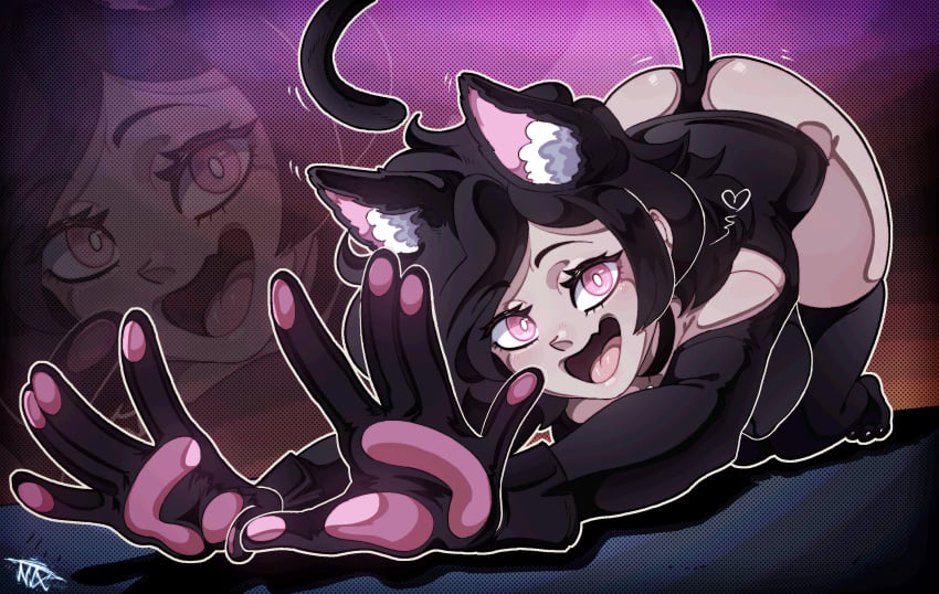 1girls 2d ashley_graves ass ass_up black_hair blush cat_ears cat_tail catgirl choker face_down_ass_up female female_only looking_at_viewer neontetrix open_mouth paw_gloves pink_eyes ponytail solo solo_female stretching the_coffin_of_andy_and_leyley thighhighs