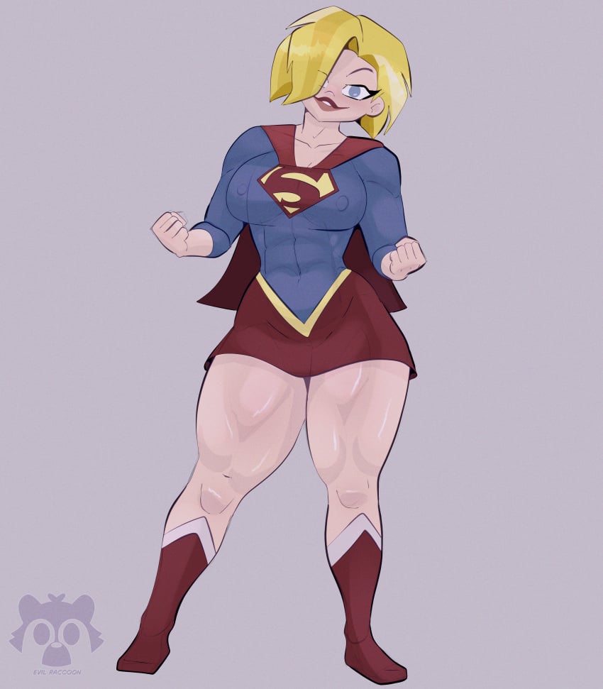big blonde blonde_female blonde_hair blue_eyes breasts cape dc dc_comics dc_super_hero_girls evil_raccoon kara_zor-el miniskirt muscles muscular muscular_female supergirl superheroine thick_thighs
